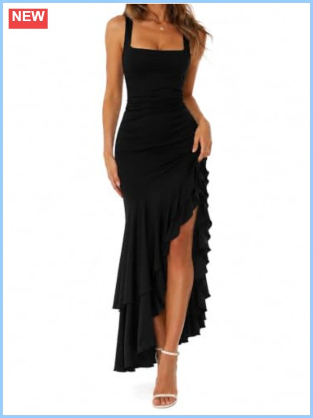 Square Neck Sleeveless High Slit Ruffle Hem Bodycon Maxi Party Dress